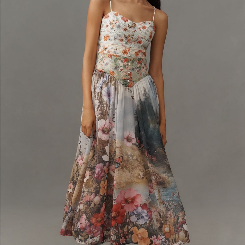 Anthropologie The Muse Basque-Waist Midi Dress. Easter, Garden Party, Shower!